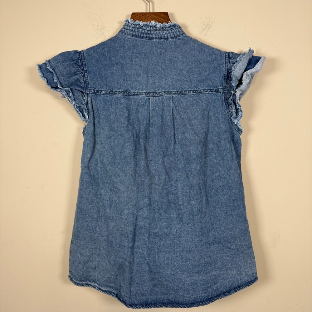 Lucy Pearl Boutique Denim Frayed Edge Flutter Sleeve Button Down Shirt Medium - Picture 6 of 6